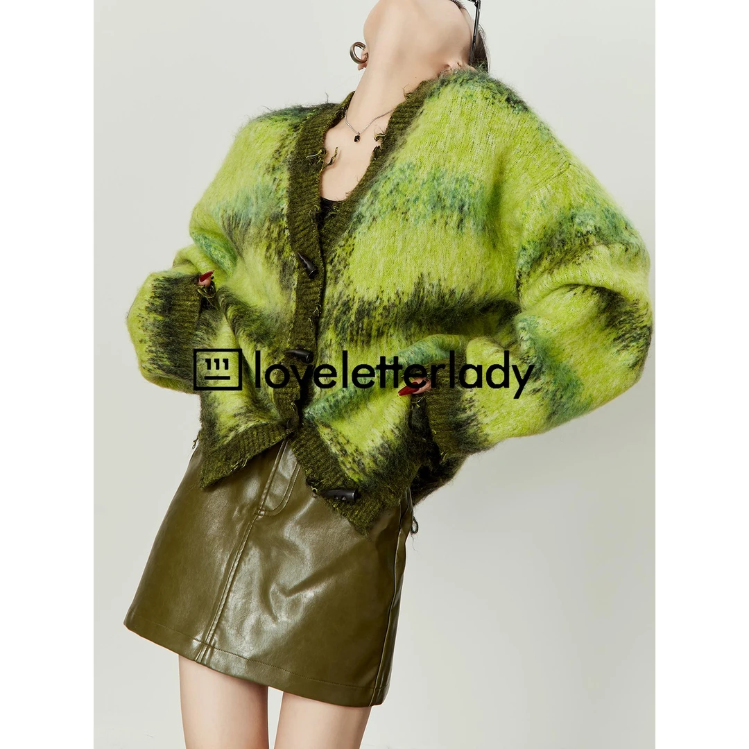 周里物/绿色针织衫女秋季新款条纹宽松长袖高级感开衫上衣