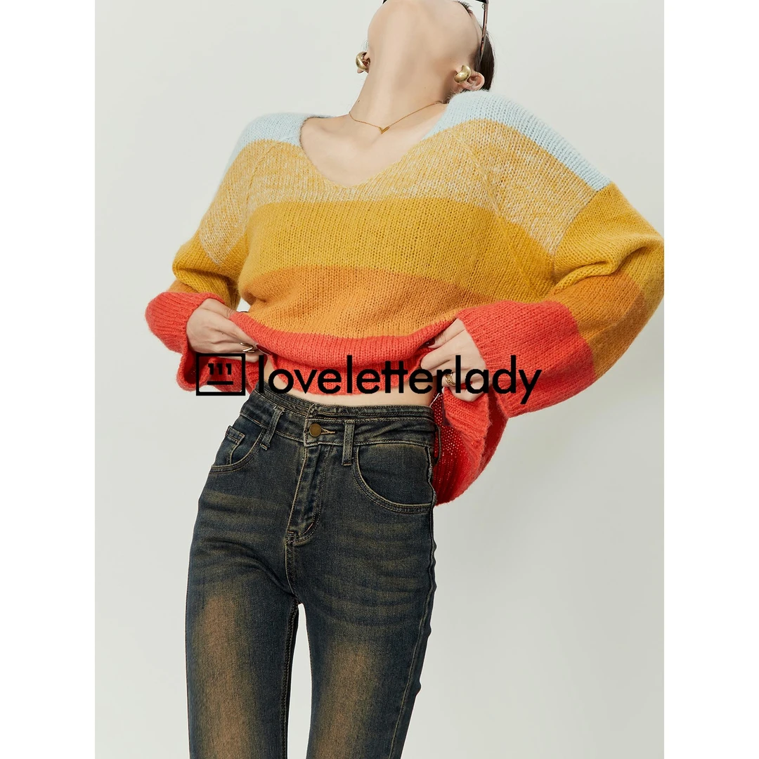 周里物/橙色慵懒风毛衣女新款复古休闲宽松软糯针织上衣