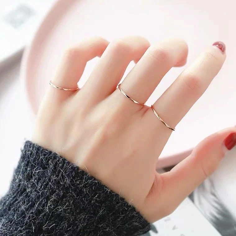 日韩不掉色菱形玫瑰金条纹戒指ins高级设计感女学生闺蜜食指尾戒