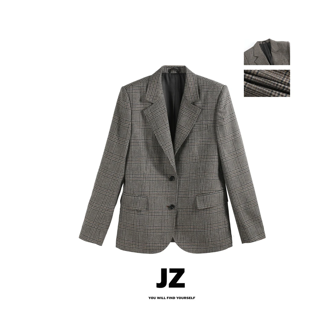 JZ SO MUCH【羊毛格子外套】格纹单排扣威尔士亲王格羊毛格子外套