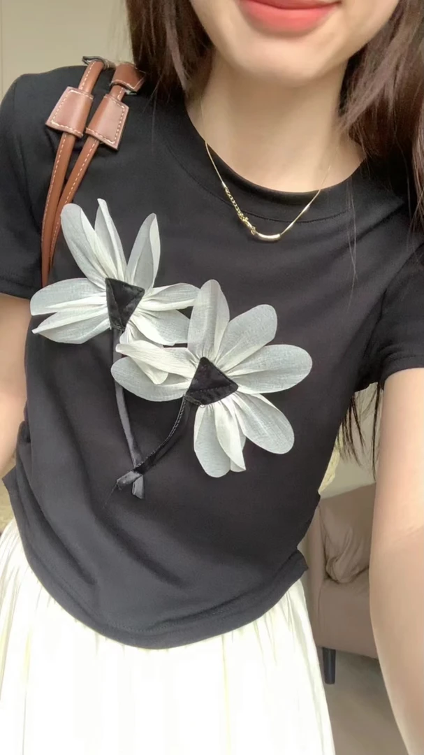 【阿凯自制】HF 6815 立体花朵正肩圆领短袖t