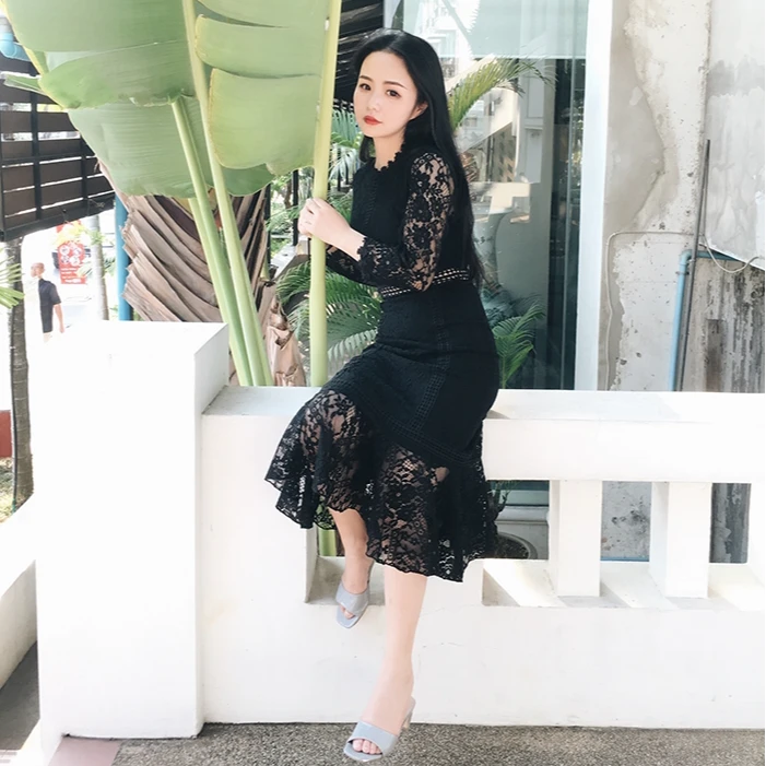 《清仓不退换默认微瑕》黑色鱼尾蕾丝裙