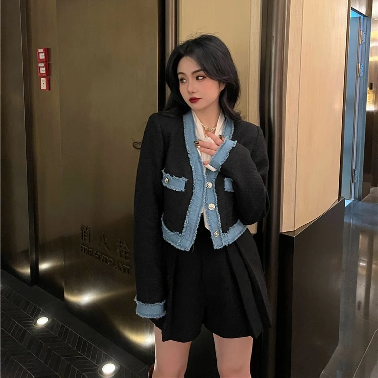 《清仓不退换》蓝色花边掉色介意慎拍，拼接牛仔编织小香风外套