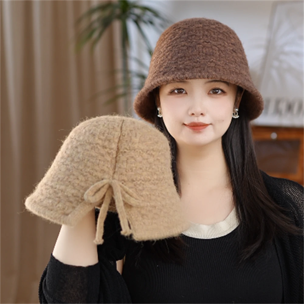 后开叉显脸小镂空针织渔夫帽子盆帽秋冬季甜美女保暖护耳水桶帽潮