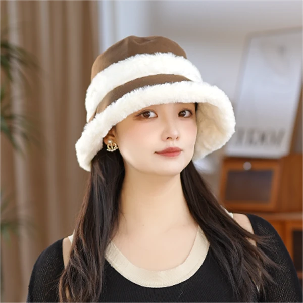 帽子女秋冬季2024新款显脸小加绒保暖护耳帽素颜盆帽毛茸茸渔夫帽