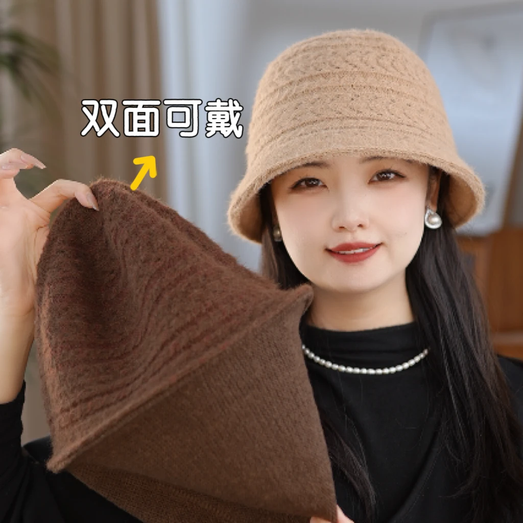 双面可戴秋冬新款兔毛水桶帽女韩版双层保暖立体显脸小渔夫盆帽
