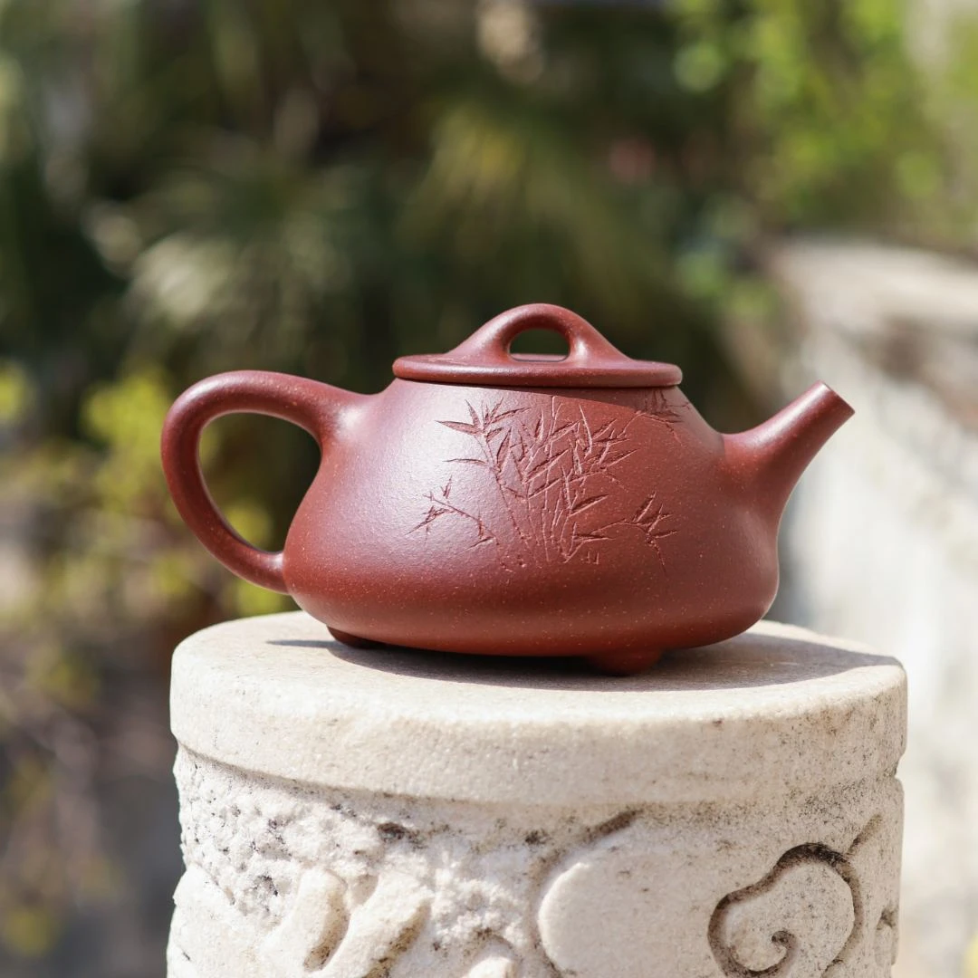 元器紫砂【平盖石瓢】宜兴紫砂壶 朱浩 手工制 张赦棠刻 家用茶具