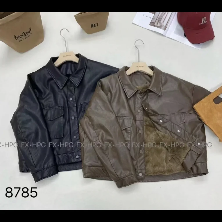 8785加绒加厚小翻领短款小皮衣