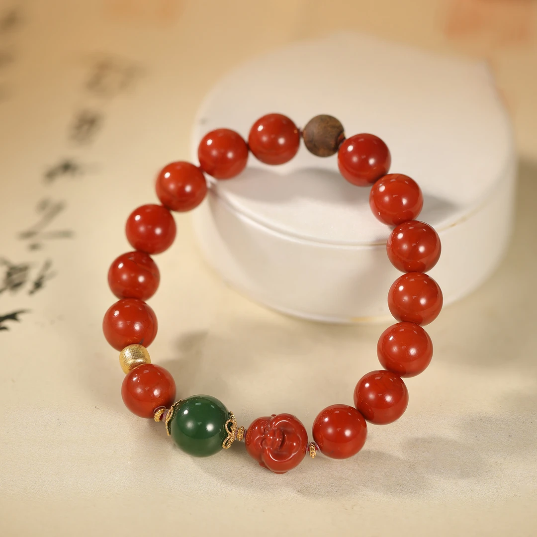 南红手串精选火焰纹10mm+18K金镶嵌手工碧玉手串国风手饰