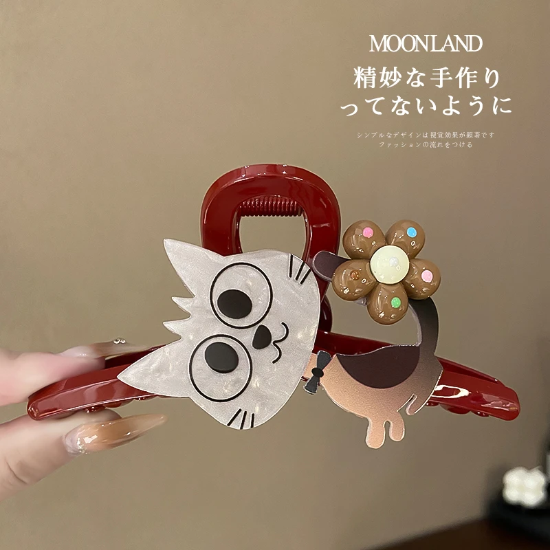 萌趣可爱猫咪花朵抓夹高级感气质百搭后脑勺盘发半扎发鲨鱼夹发饰