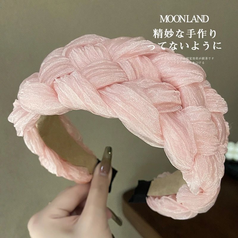 春秋超仙欧根纱纯色编织发箍女高级感高颅顶外出百搭宽边头箍发饰