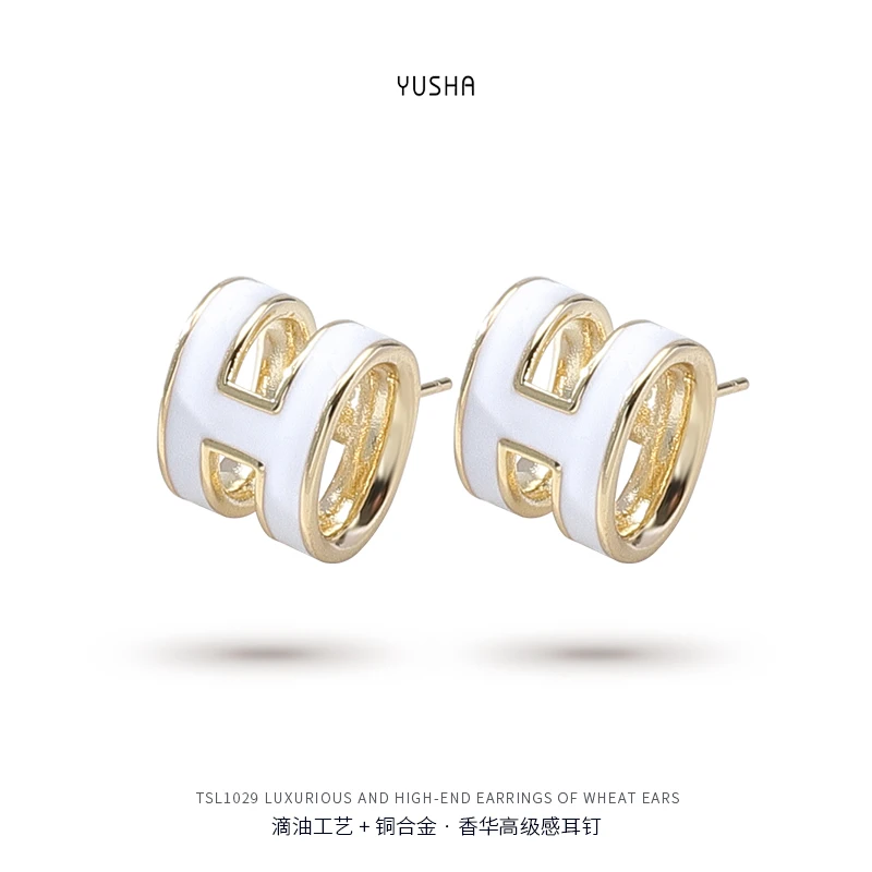 铜合金耳饰 钰莎925镀金H耳钉女新款轻奢高级感珐琅字母纯银耳饰