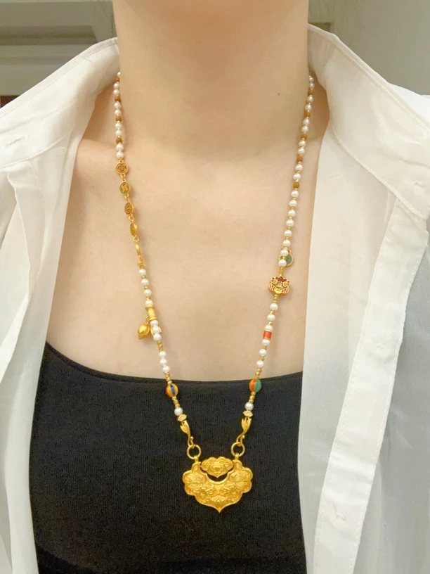 合金珐琅项链 转动立体锦鲤锁配高定版百搭贝珠链轻奢