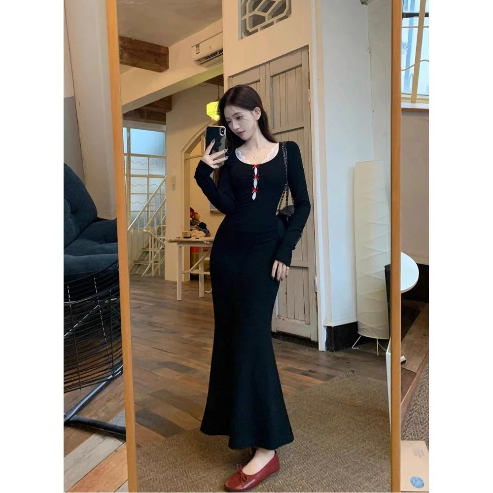 kumikumi纯欲套装蝴蝶结收腰包臀连衣裙女冬季内搭蕾丝背心两件套