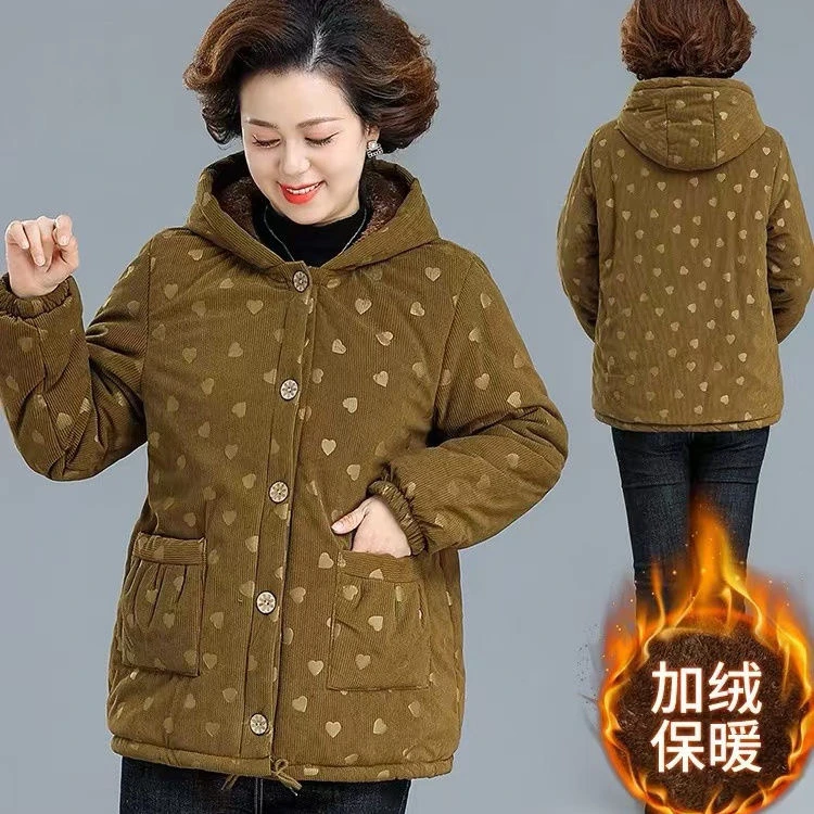 妈妈冬装加绒加厚棉袄中老年人女装连帽保暖棉服奶奶短款棉衣外套