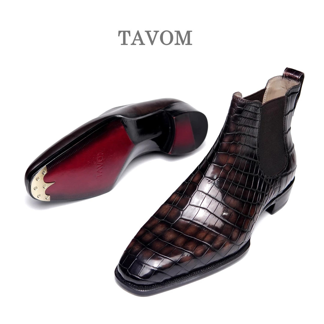 TAVOM切尔西靴尼罗鳄腹部皮鞋手工沿条固特异皮底琴底定制男鞋