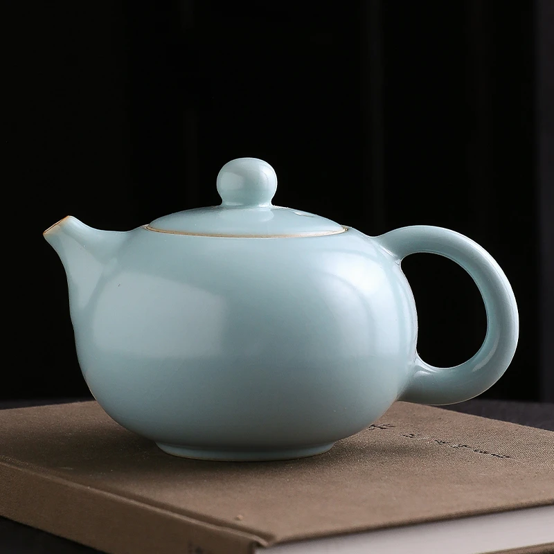 天青汝窑茶壶陶瓷手工单壶西施壶大号功夫茶具汝瓷可养家用泡茶壶