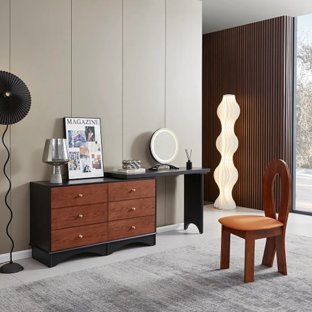 实木梳妆台斗柜一体中古复古胡桃黑色床尾收纳柜餐边柜伸缩化妆桌