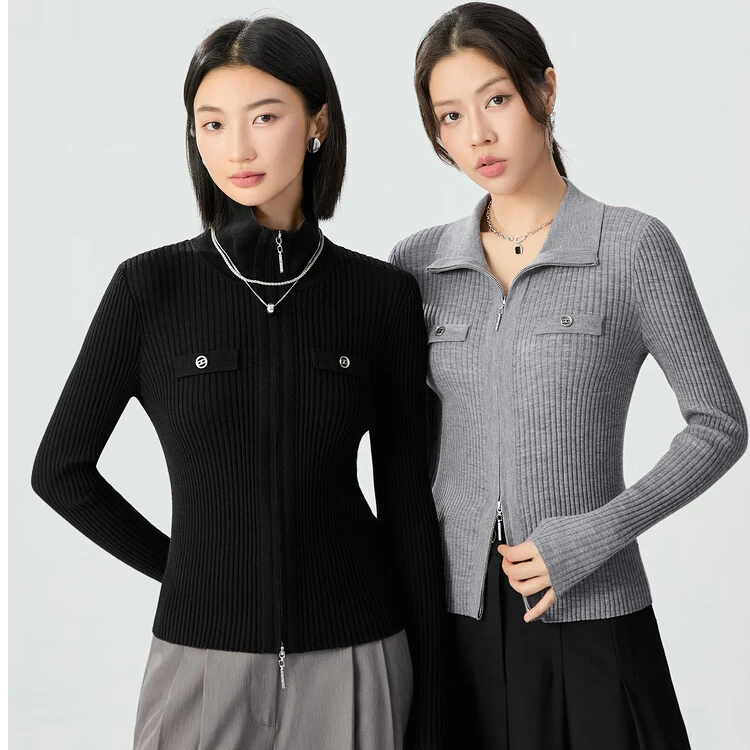 双拉链设计开衫秋冬新款羊毛针织衫长袖百搭纯色打底衫女A400975