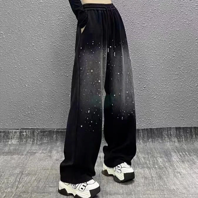 满天星烫钻星星吊坠喷绘水洗高腰阔腿裤休闲裤加绒加厚阔腿宽松裤