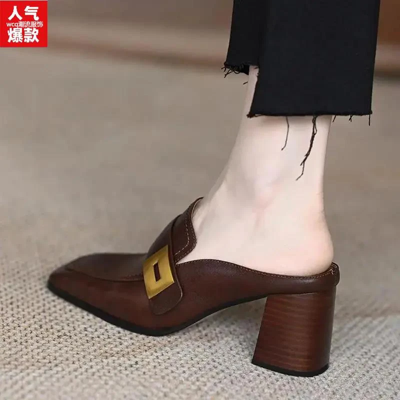 网红夏季气质包头半拖鞋女2023秋季新款外穿法式高跟粗跟方头单鞋