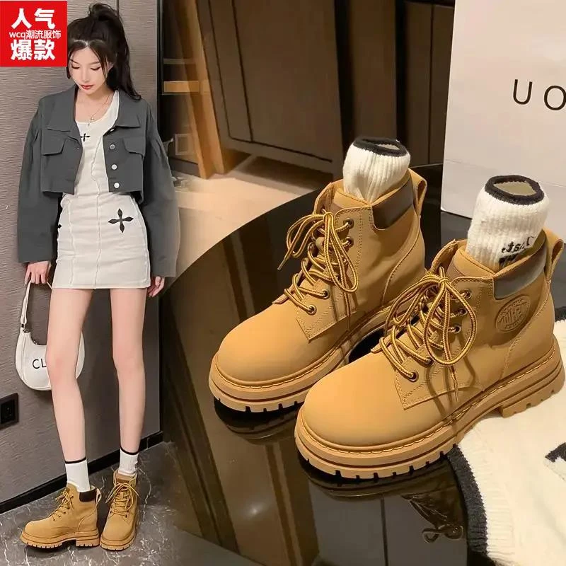 皮靴网红薄款时尚史蒂夫·马登大黄靴女夏款2023新款百搭马丁靴