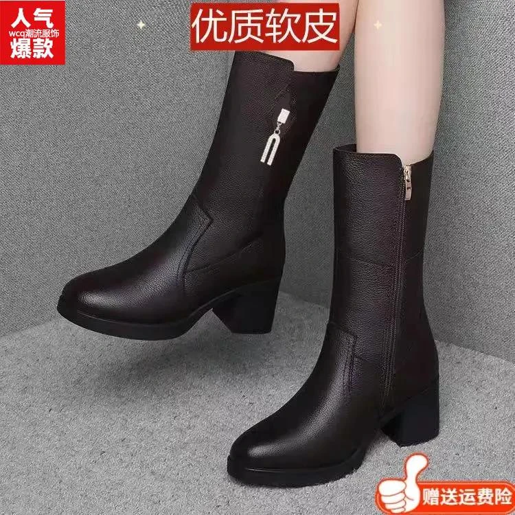 时尚百搭真软皮中筒靴女秋冬新款加绒马丁靴中跟粗跟棉靴子雪地靴