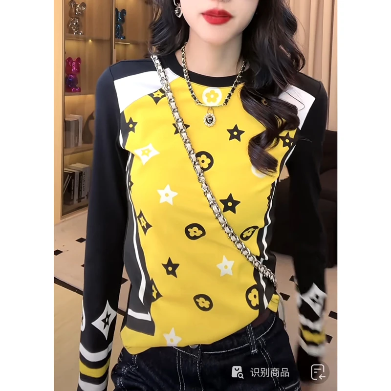 撞色形状拼接圆领T恤修身显瘦复古百搭长袖2024秋冬新款打底衫女