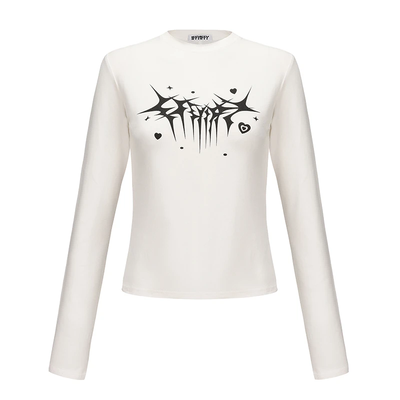 IFFYIFFY正肩修身圆领长袖T恤 异形LOGO印花基础百搭短款打底衫女