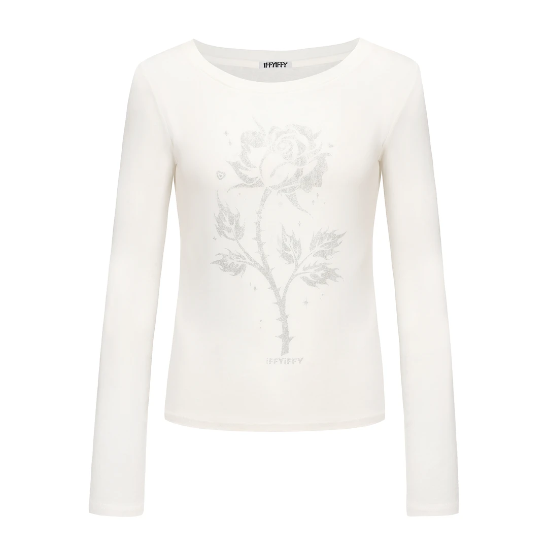 IFFYIFFY火焰玫瑰印花露肩长袖T恤 进口兰精天丝羊毛混纺打底衫女