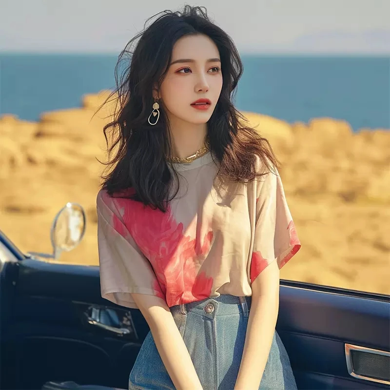 洋气独特超好看别致绝美漂亮宽松小上衣杏色晕染正肩短袖T恤女夏