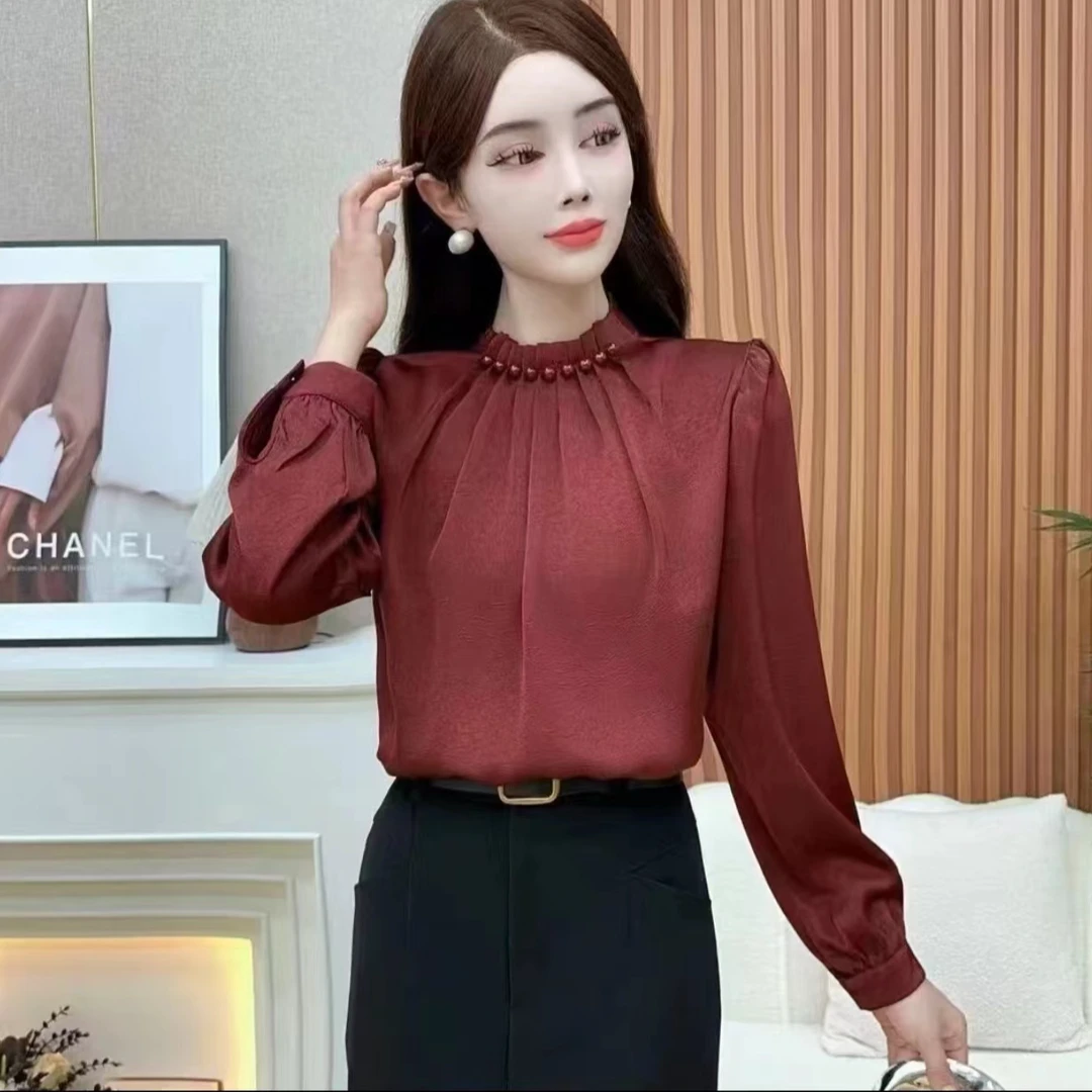 2024秋季长袖小衫新款宽松气质遮肚子缎面时尚显瘦衬衣上衣女752