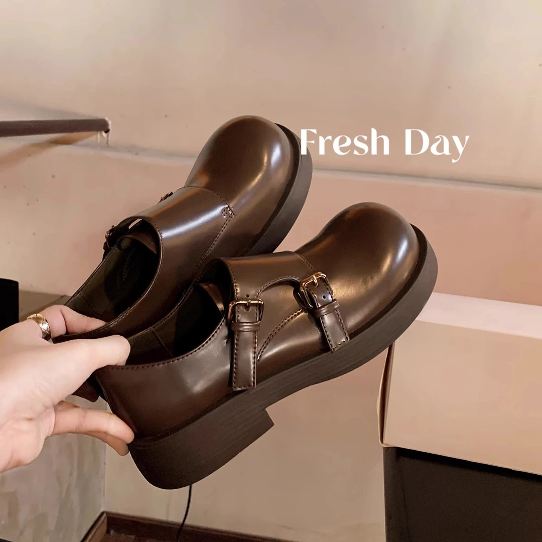 时尚百搭学院风双扣带圆头一脚蹬复古英伦风大头粗跟厚底小皮鞋女