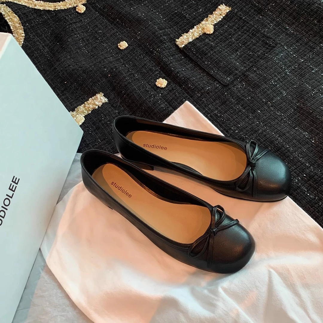 现货秒发！葡萄妈同款鞋秘恋心情圆头浅口蝴蝶结粗跟芭蕾舞单鞋女