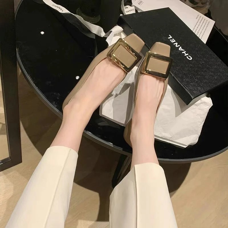 现货秒发！葡萄妈同款鞋经典通勤方头rv方扣矮跟浅口平底单鞋女秋