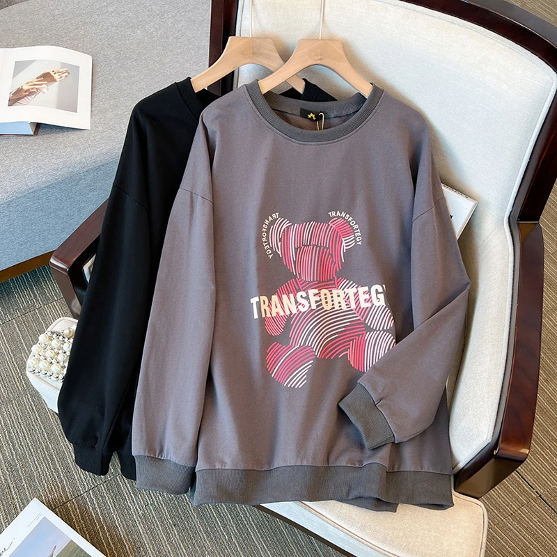 【岩心】大码女装300斤胖M圆领卡通小熊印花ins休闲长袖卫衣63568