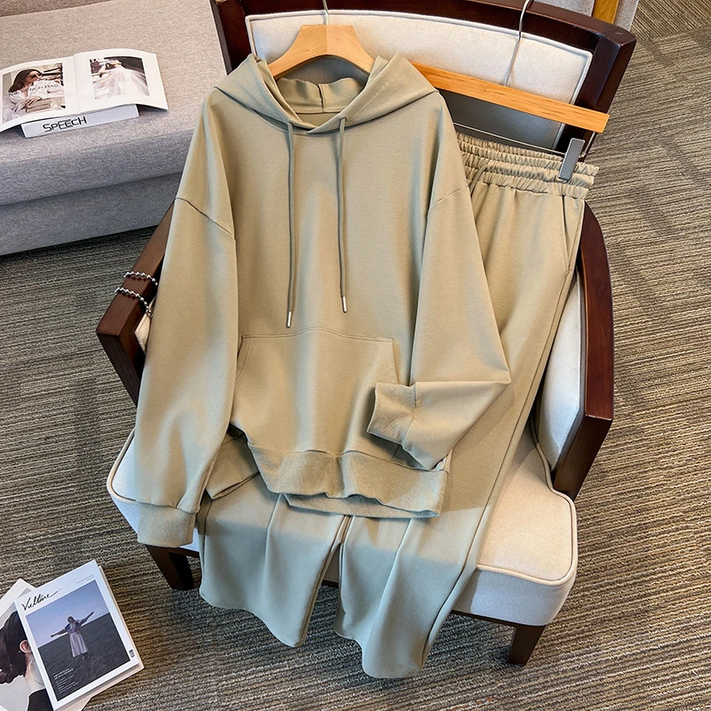 【岩心】大码女装300斤胖MM休闲连帽卫衣通勤长裤时尚套装7337