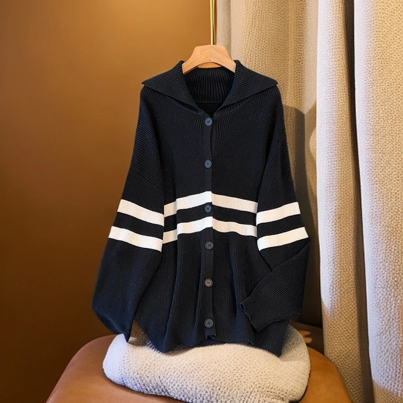 【岩心】大码女装300斤胖MM慵懒风撞色宽松百搭休闲针织开衫8338