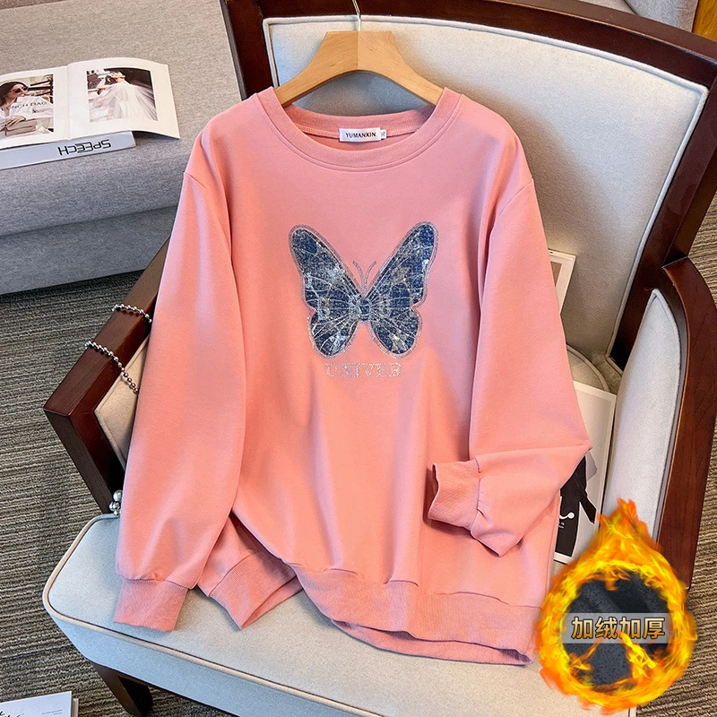 【岩心】大码女装300斤胖M秋冬时尚宽松圆领休闲印花长袖卫衣6206