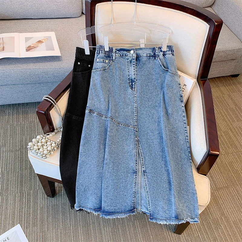 【岩心】现大码女装300斤复古风港风高腰显瘦开叉牛仔半身裙63844