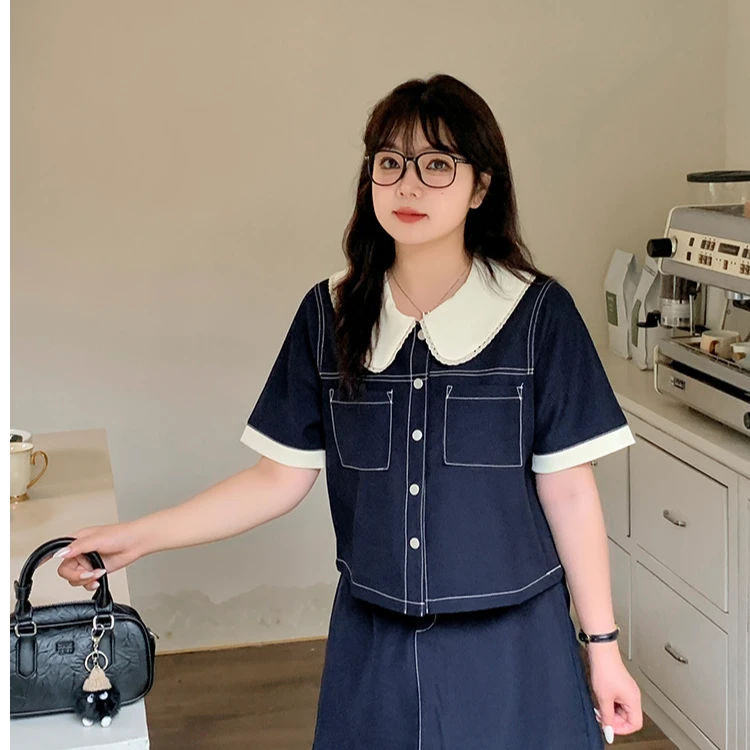 3店D013A大码女装240斤胖MM学院风减龄时尚复古牛仔上衣短款外套