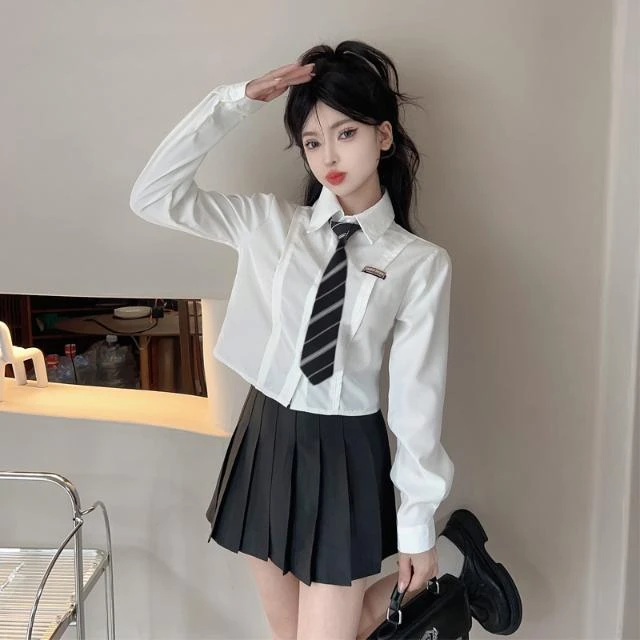 学院风jk制服套装女秋季甜辣白色长袖修身短款衬衫+百褶裙两件套