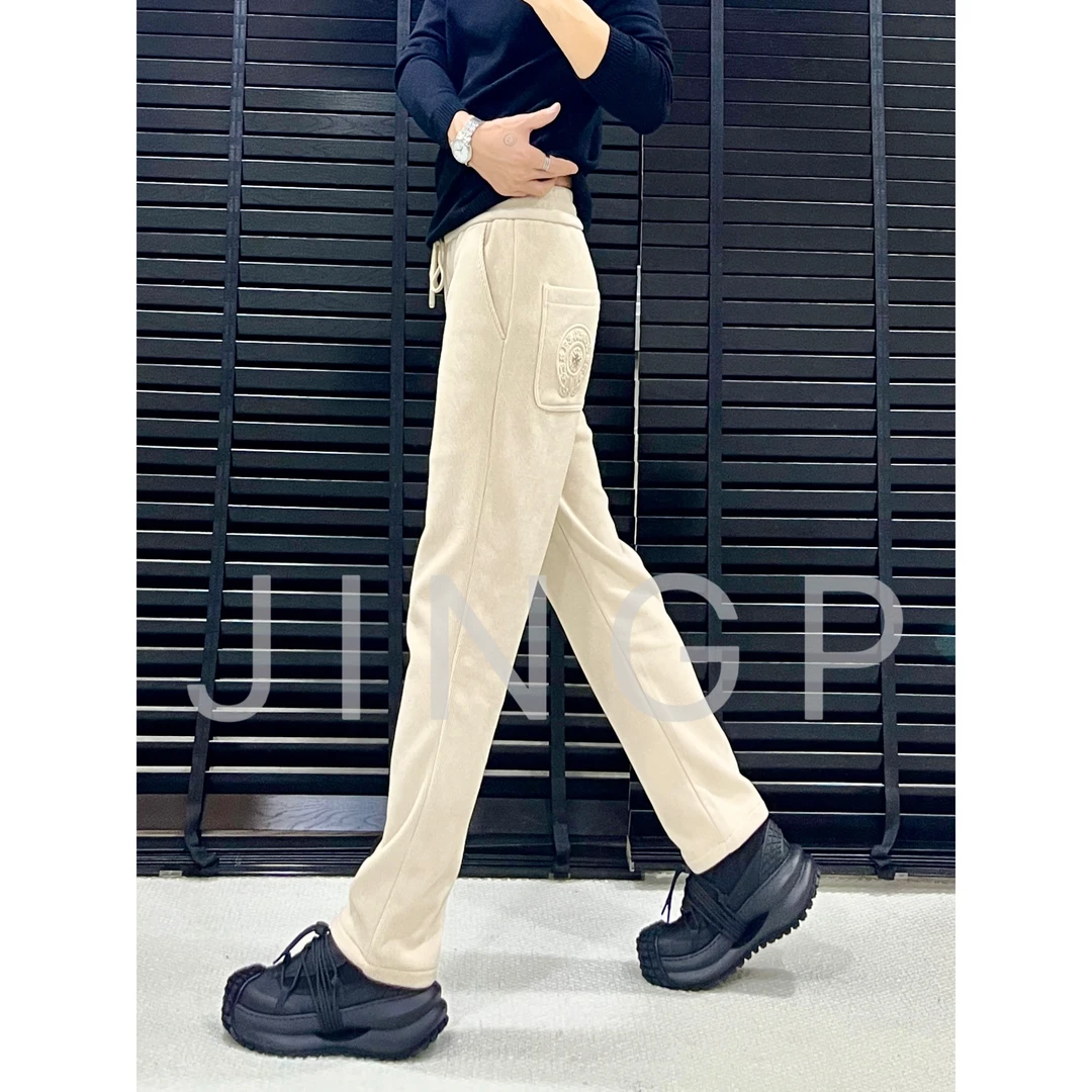 男士冬季潮流时尚百搭纯色加绒显瘦修身休闲保暖直筒宽松休闲裤