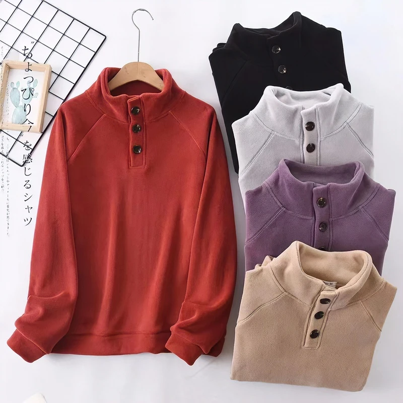 冬季加绒加厚高领百搭宽松显瘦套头北极绒保暖上衣即墨卫衣女6052