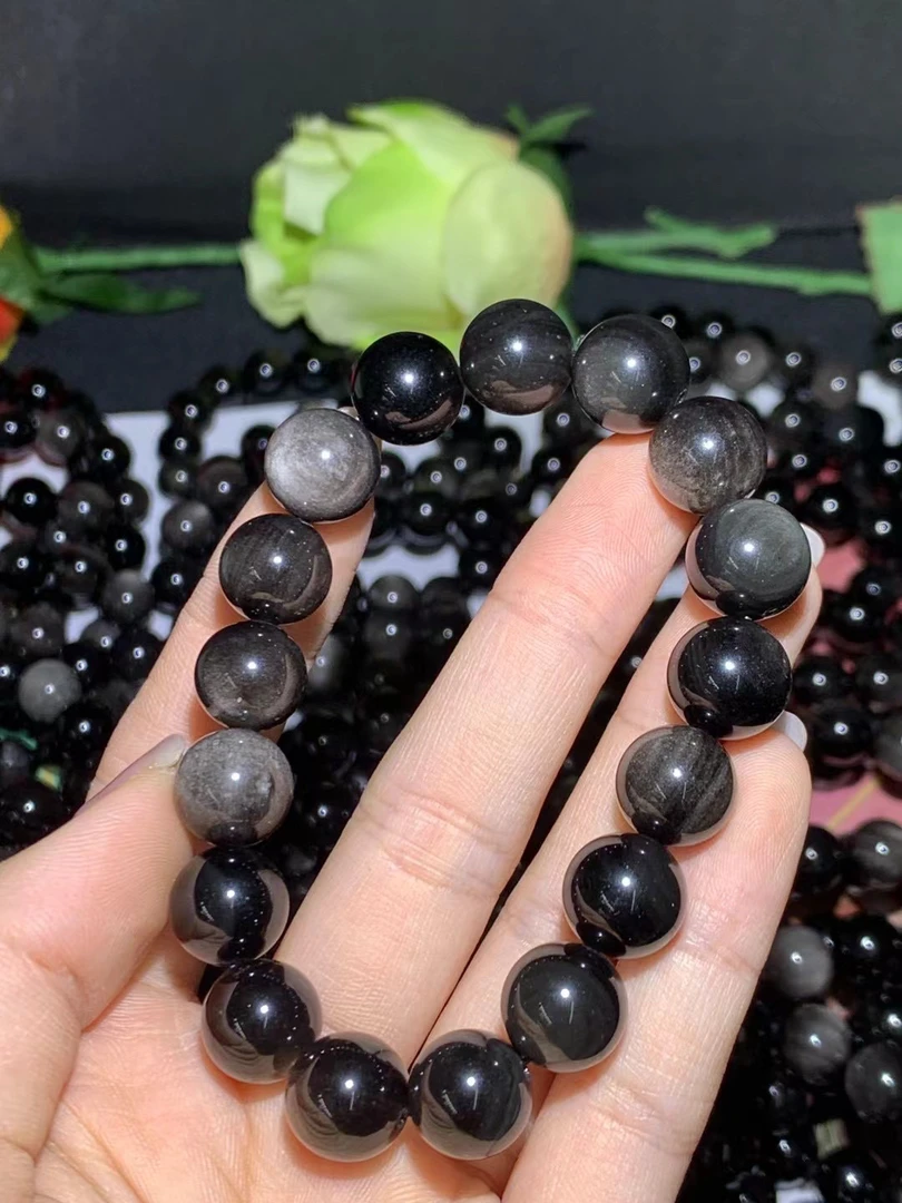 天然黑曜石手链女散珠手串金曜石银曜石男士鹰眼石貔貅男生