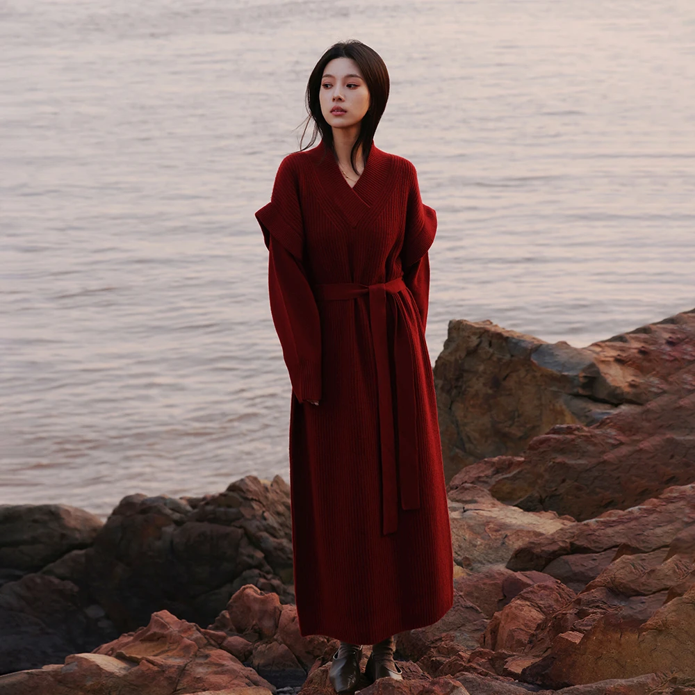 原生【战裙Baby小羊】喜歌纯羊绒加厚V领针织长款气质连衣裙 7757