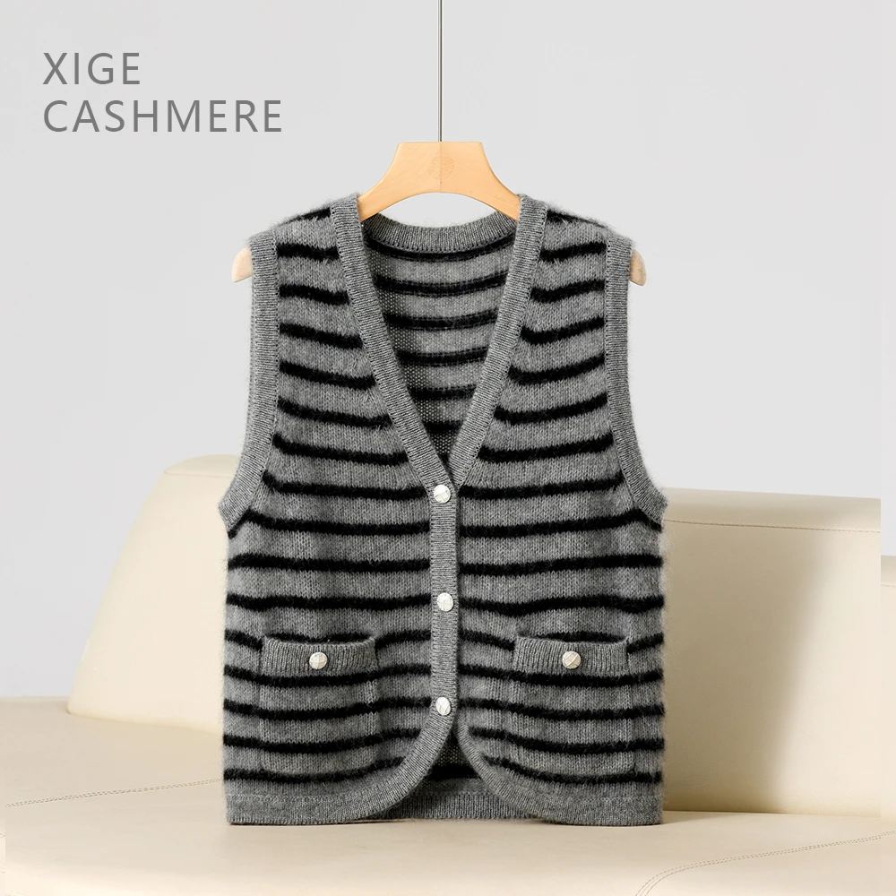 烟花【时尚与精致】喜歌羊绒 女士针织开衫复古时尚条纹马甲 7550