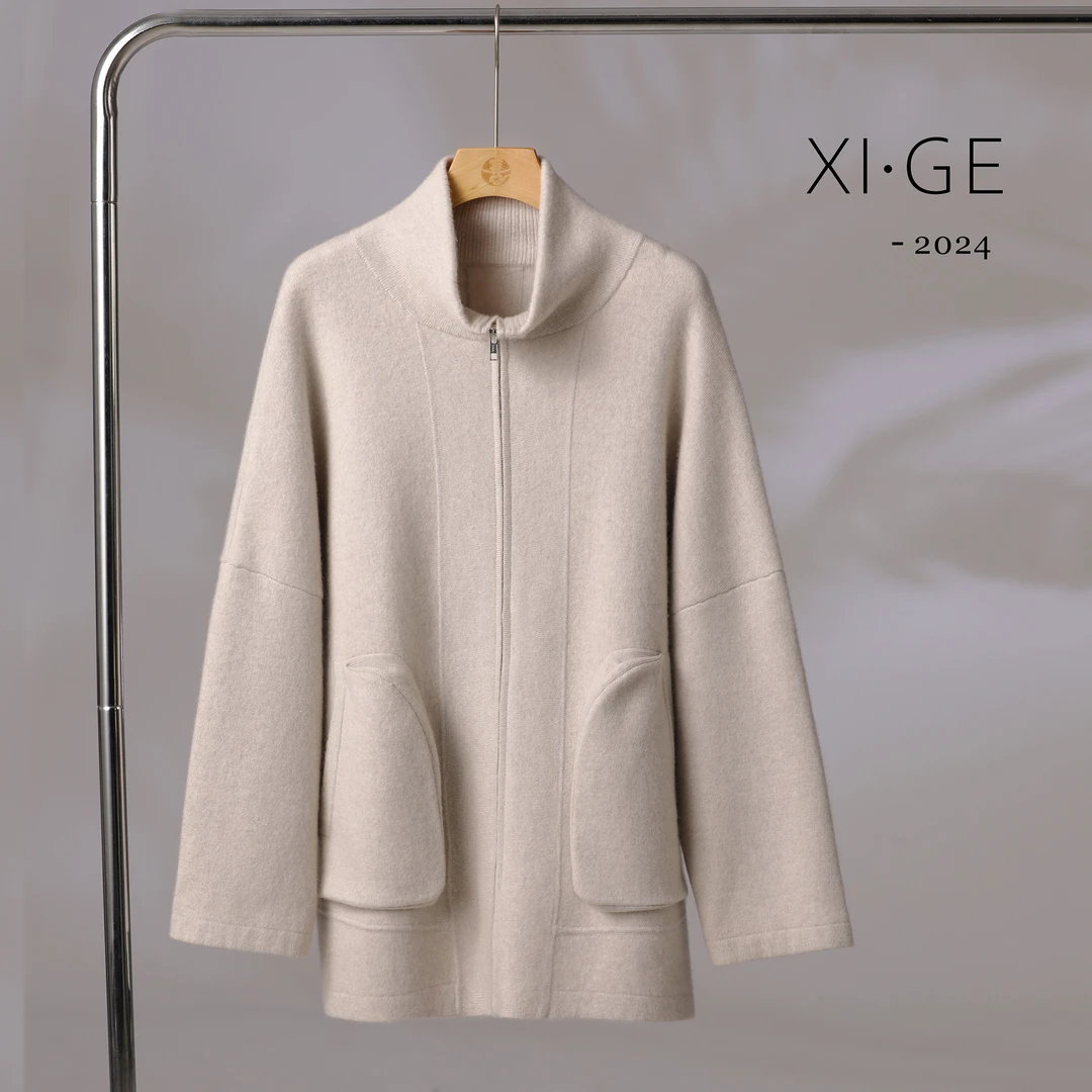 【日光岛屿】100山羊绒 女士休闲拉链短款羊绒大衣 7063