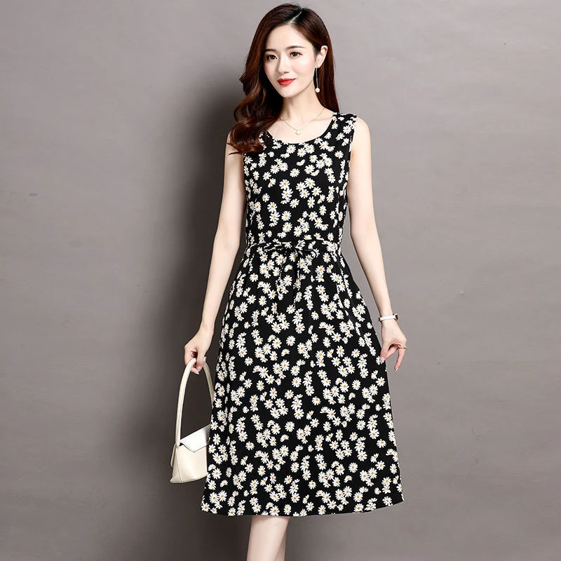 夏季人造棉吊带裙棉绸碎花连衣裙女中长款内搭收腰无袖打底背心裙