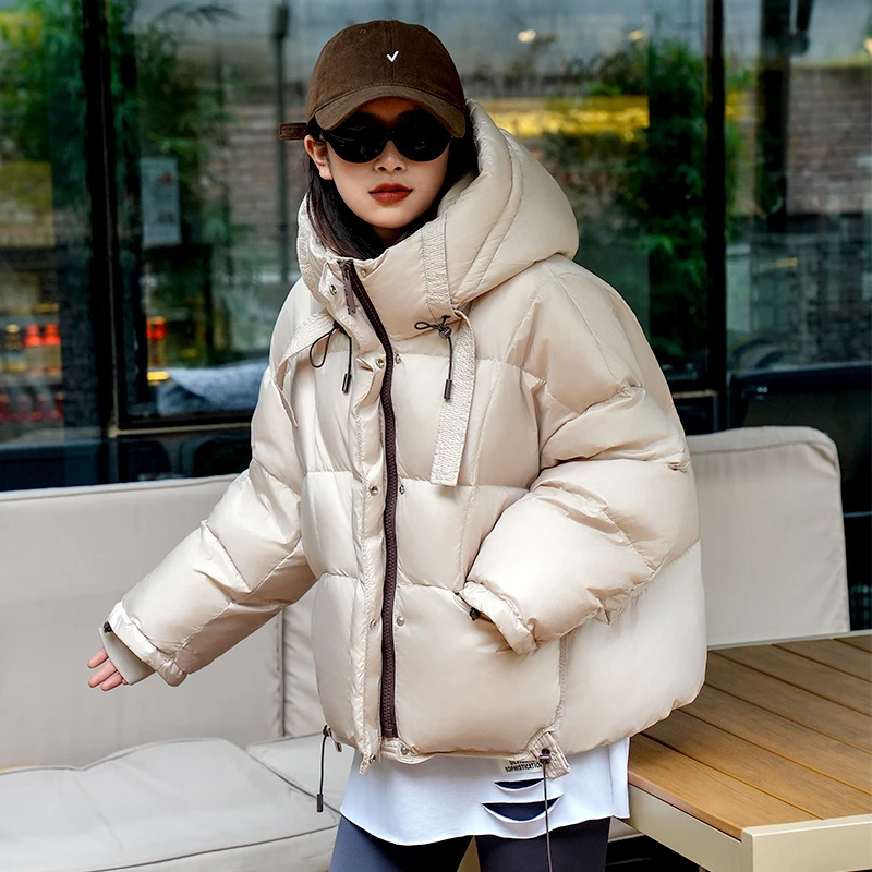 郭二姐短款连帽羽绒服女冬季新款宽松加厚时尚休闲白鸭绒面包服
